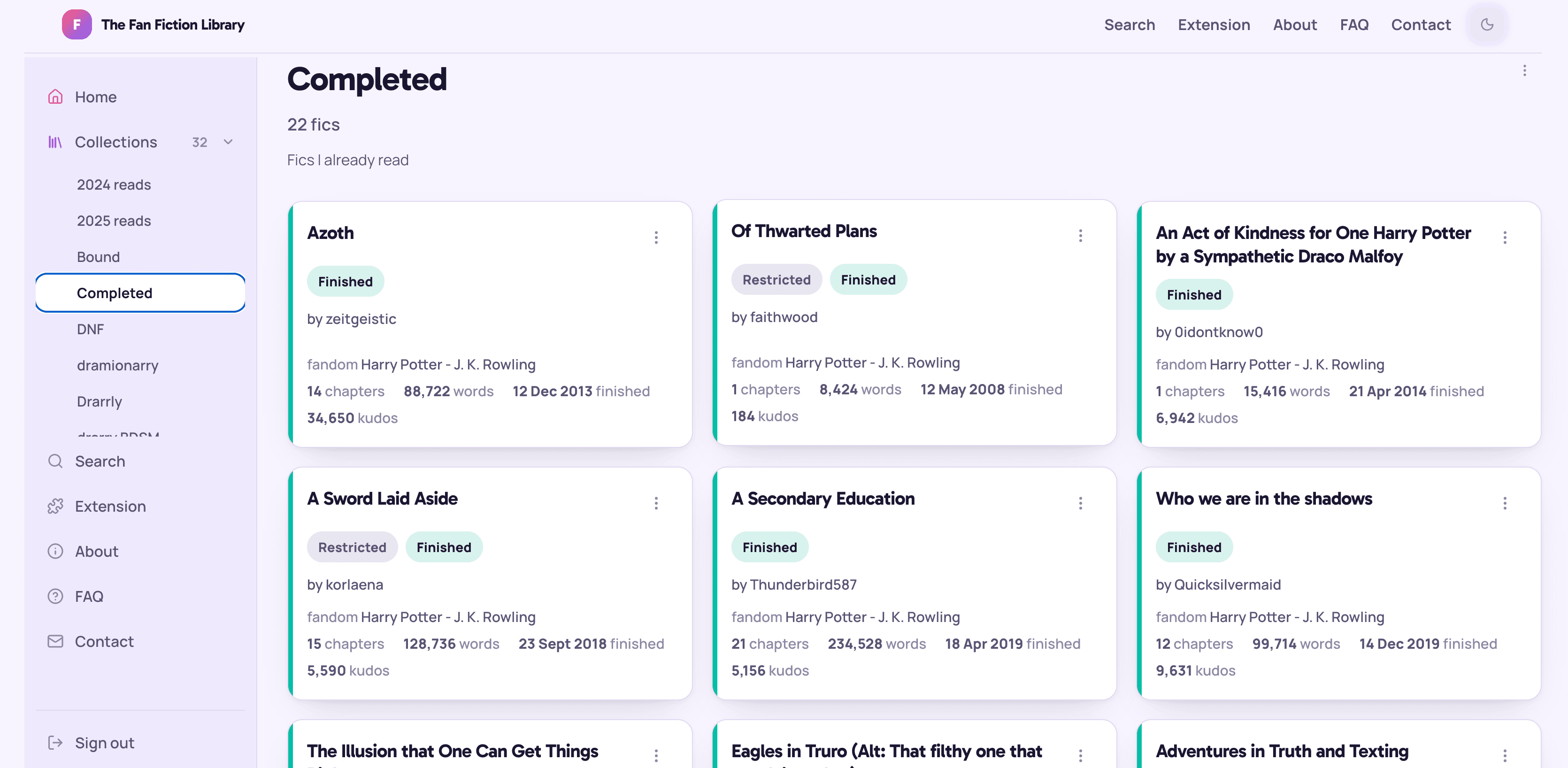 A ff-library collection page on desktop, populated with real work cards.