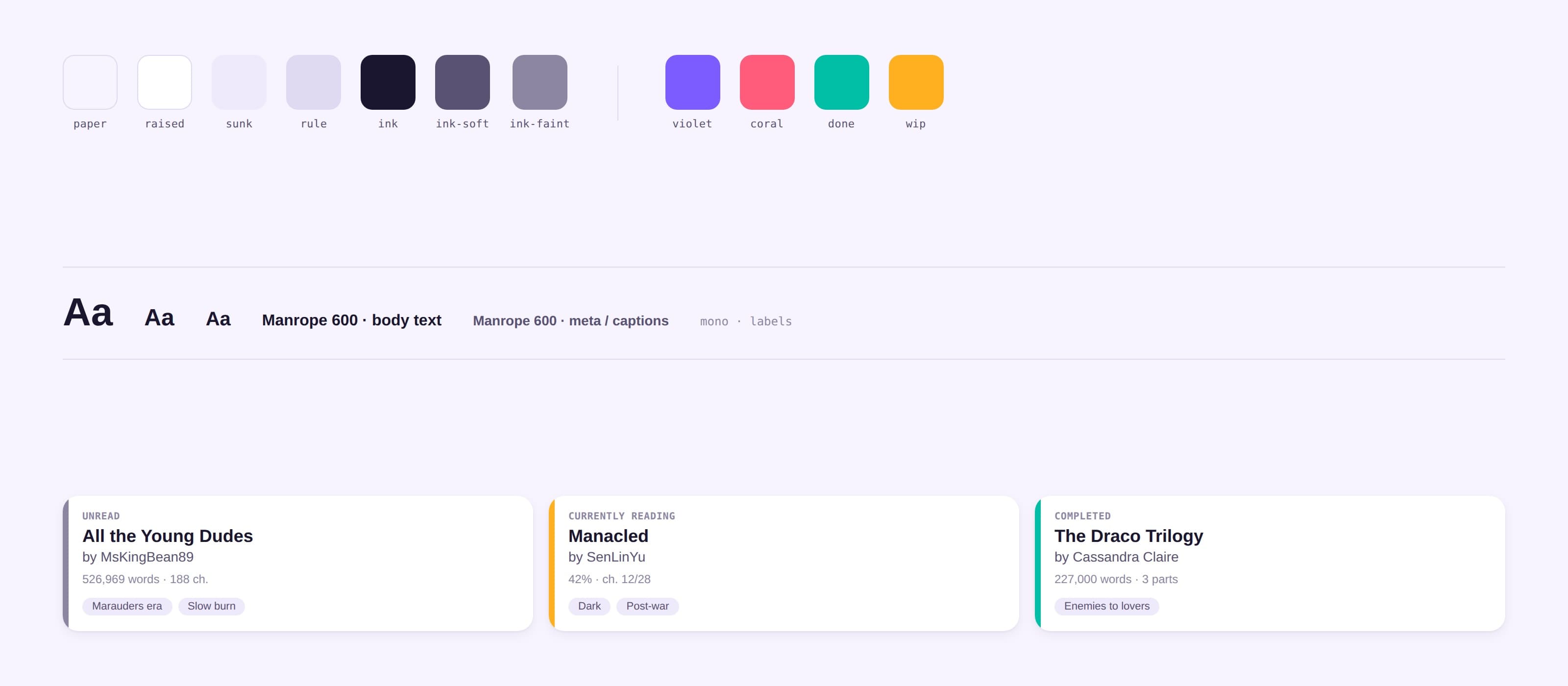 The ff-library design system: colour swatches with token names, the type scale, and work cards in unread, currently-reading, and completed states.