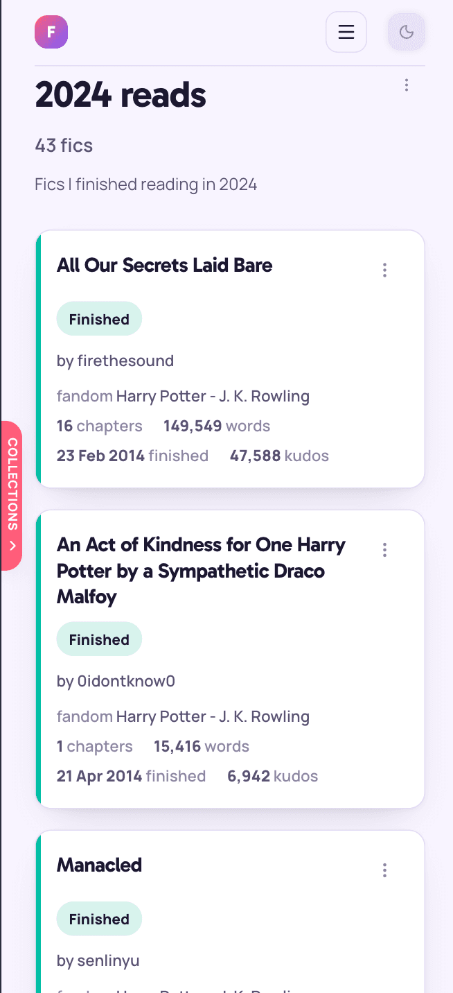ff-library on mobile: a collection page with work cards stacked vertically.