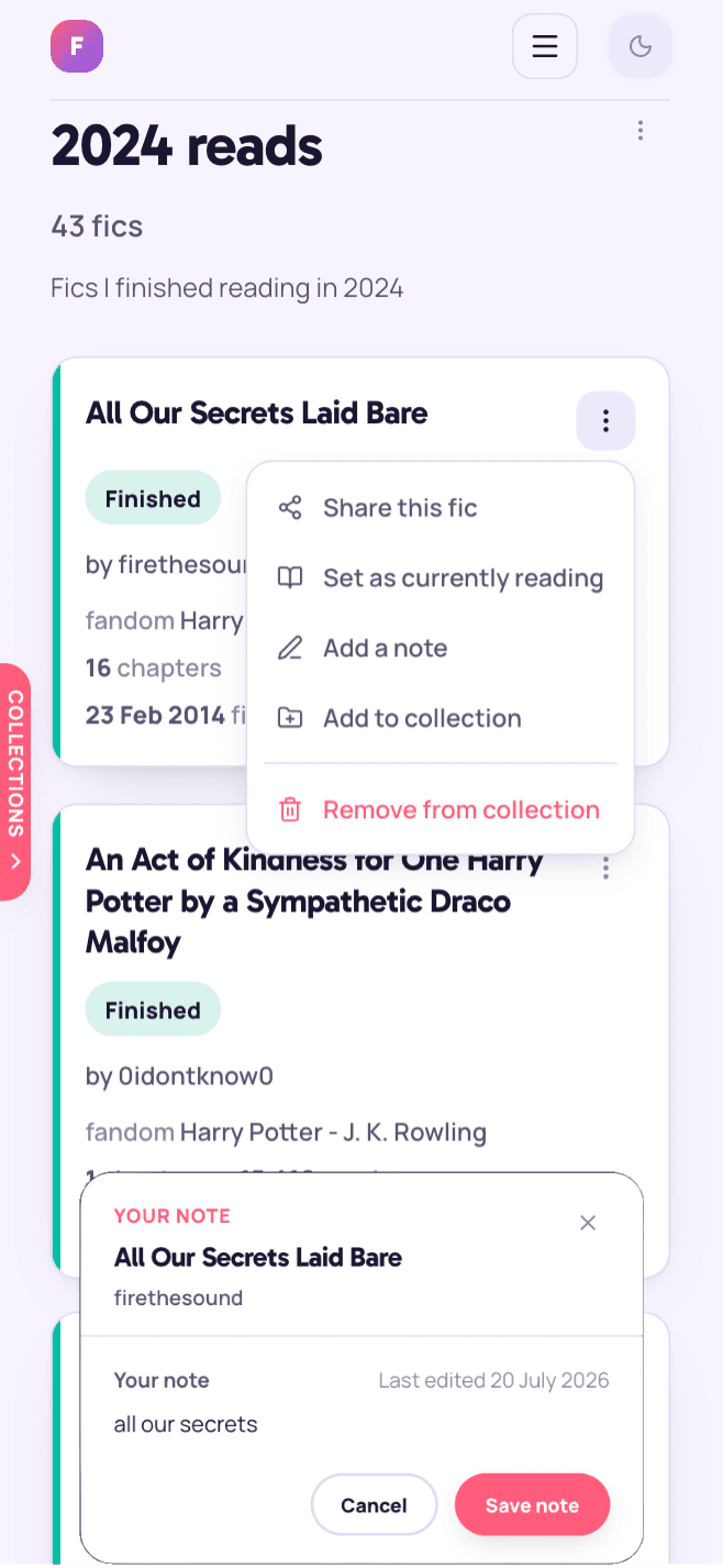 ff-library on mobile: a work card's menu open with the note dialog layered on top — the portal fix in action